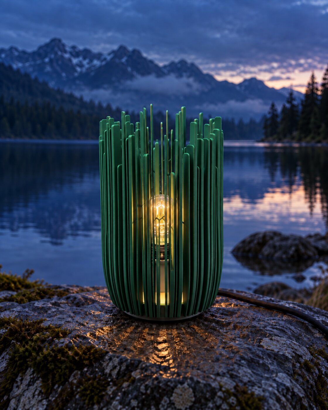 EVERGREEN lit on a rock beside a mountain lake at blue hour