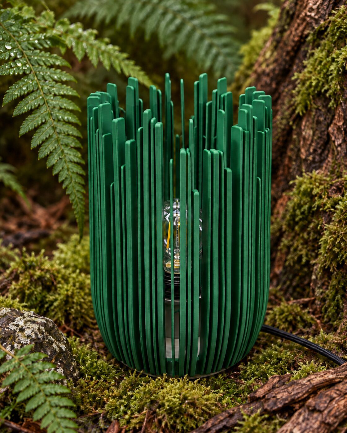 EVERGREEN switched off beside ferns and bark