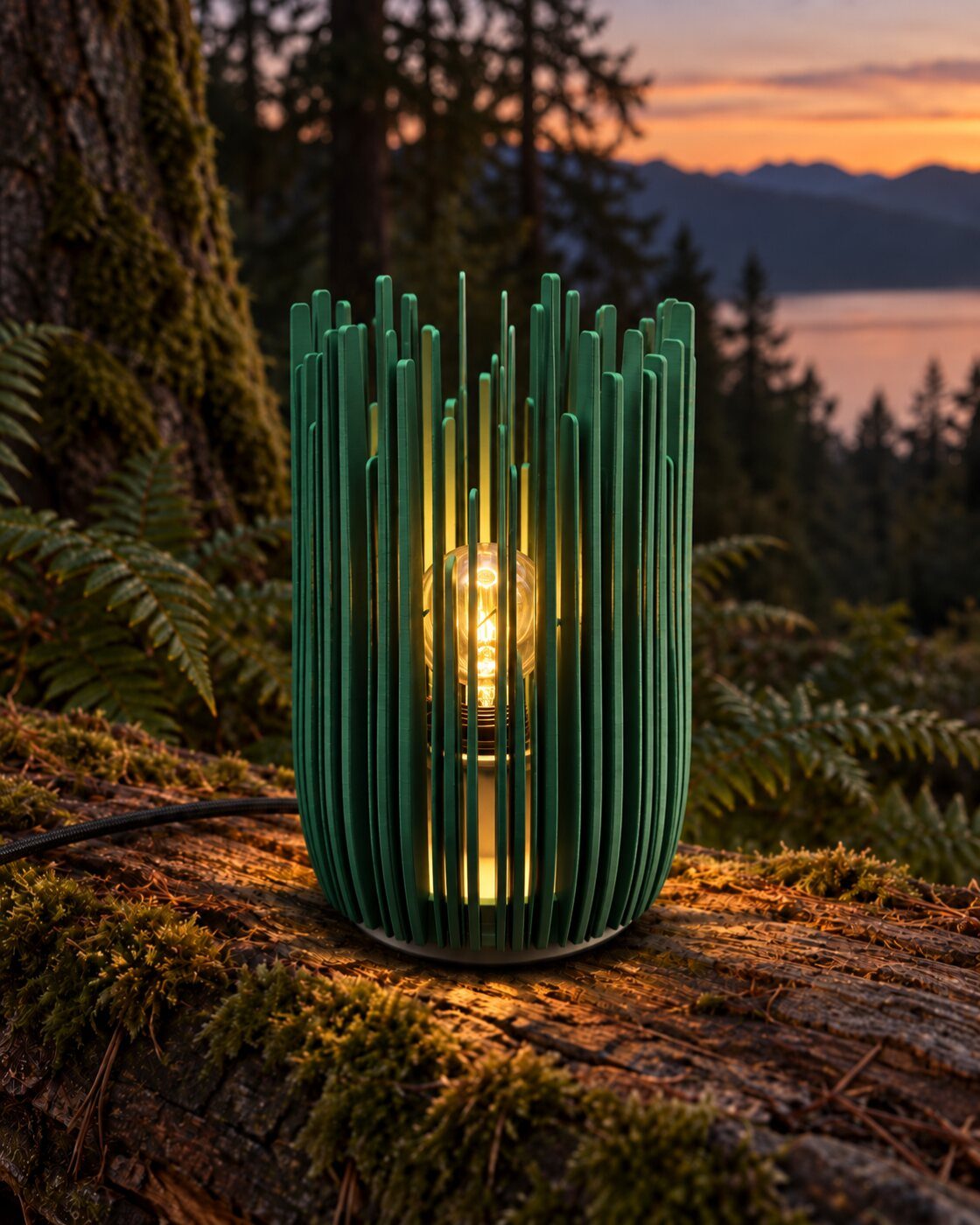 EVERGREEN lit on a mossy log in a forest clearing at dusk