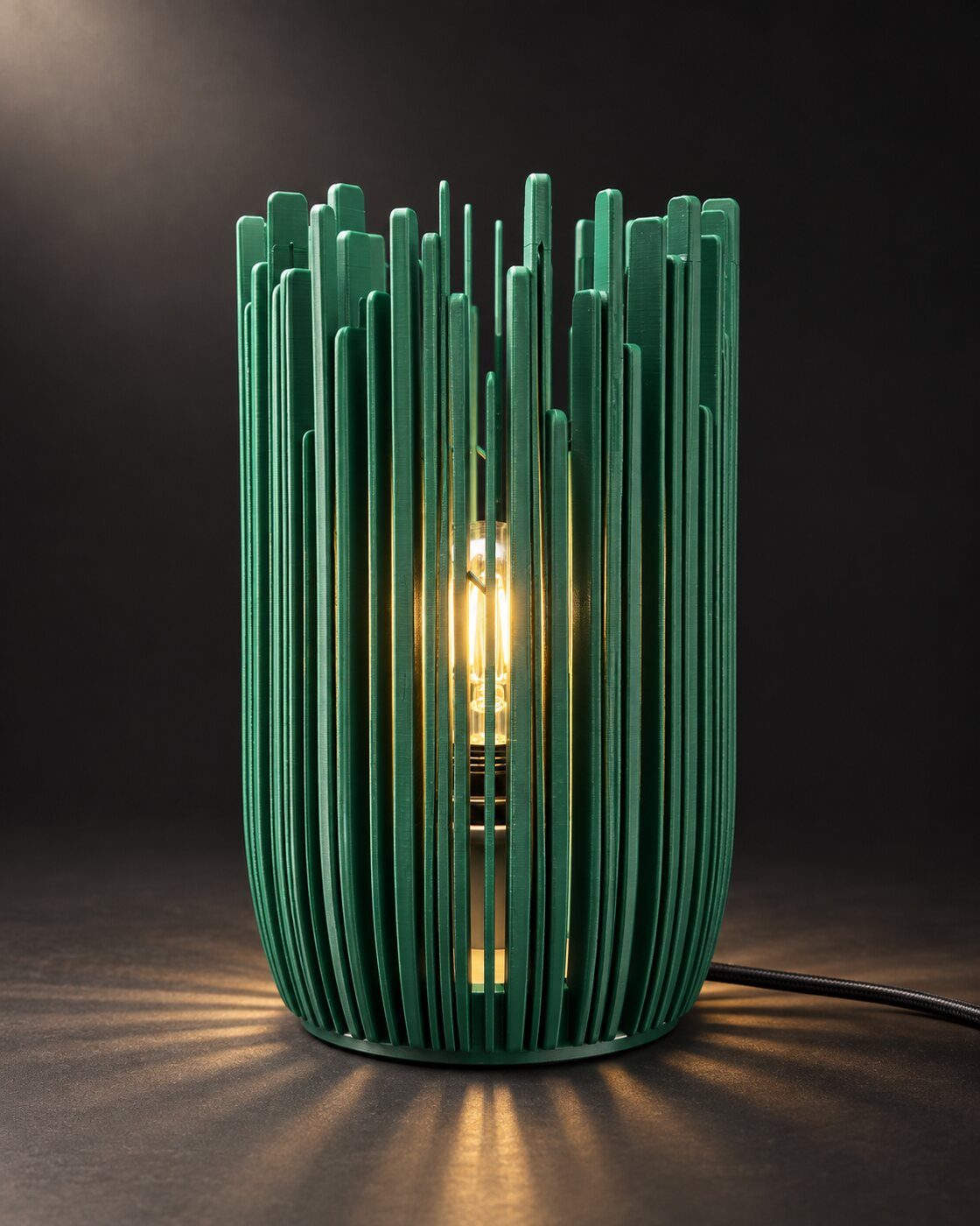 EVERGREEN switched on, its ribs throwing radiating lines of light